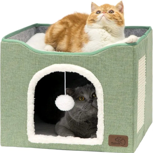 Bedsure Cat Beds for Indoor Cats - Large Cat Cave for Pet Cat House with Fluffy Ball Hanging and Scratch Pad, Foldable Cat Hideaway